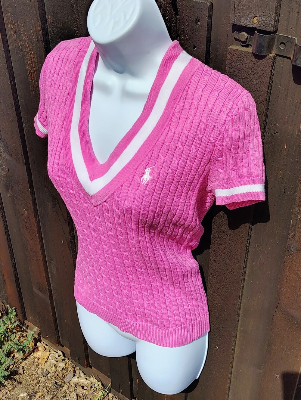 Ralph Lauren Pink Cable-Knit V‑Neck Short Sleeve Sweater with White Trim